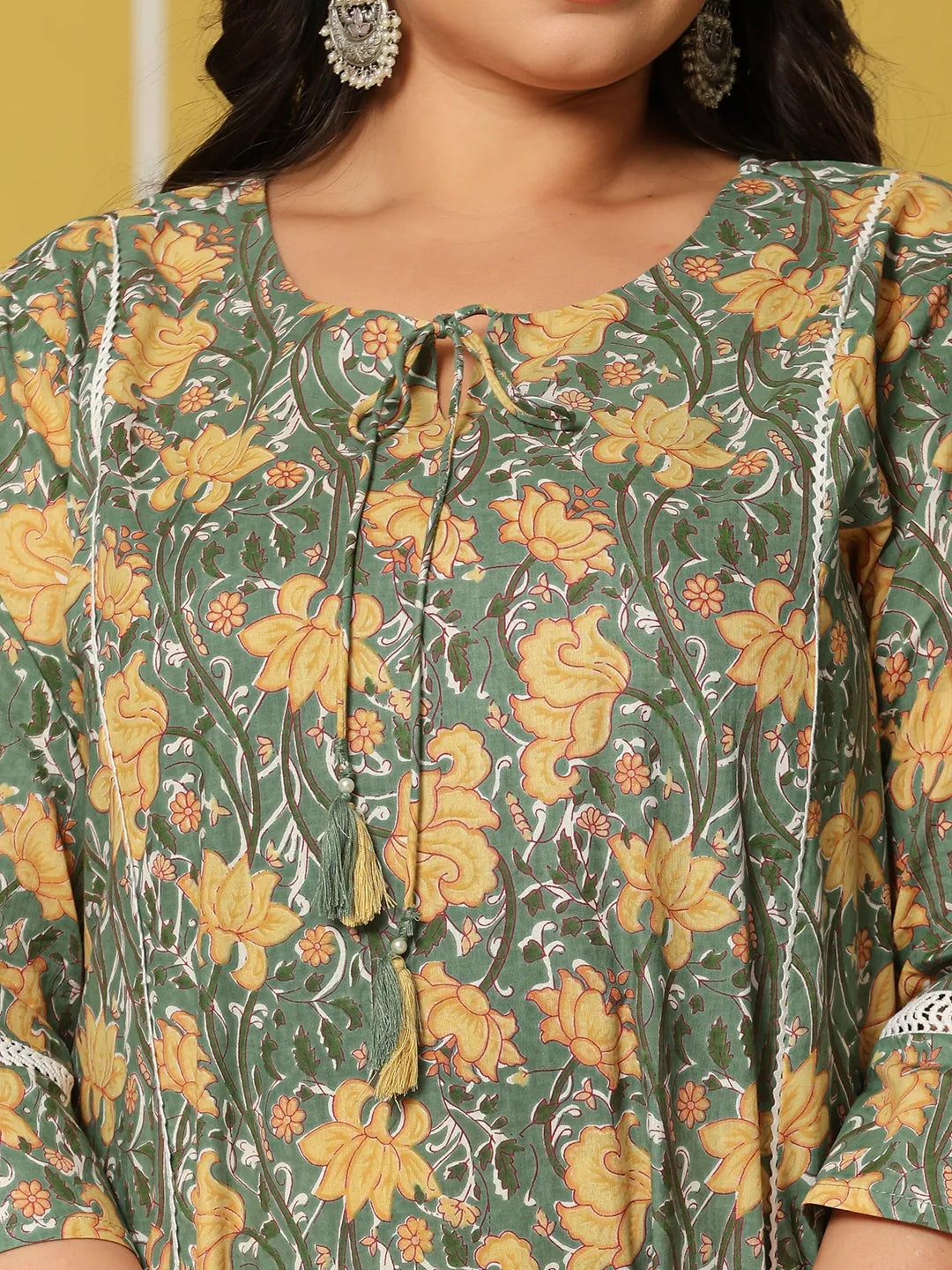 Green Cotton A-Line Plus Size Kurta Set