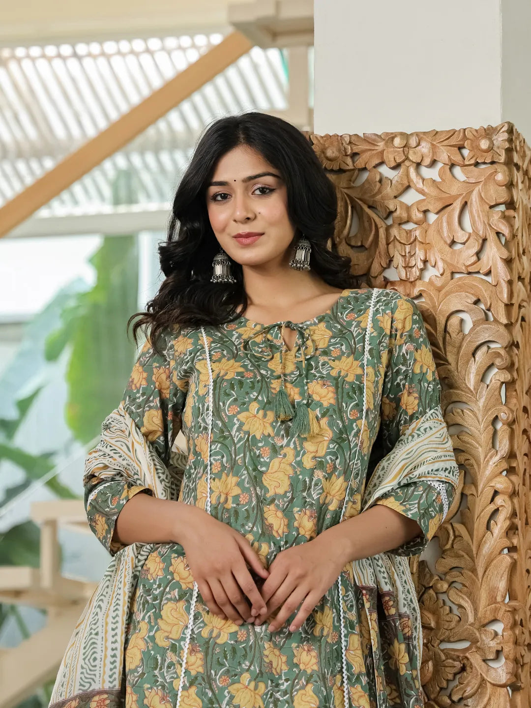 Green Floral A-Line Kurta Trouser Dupatta Set With Lace Work