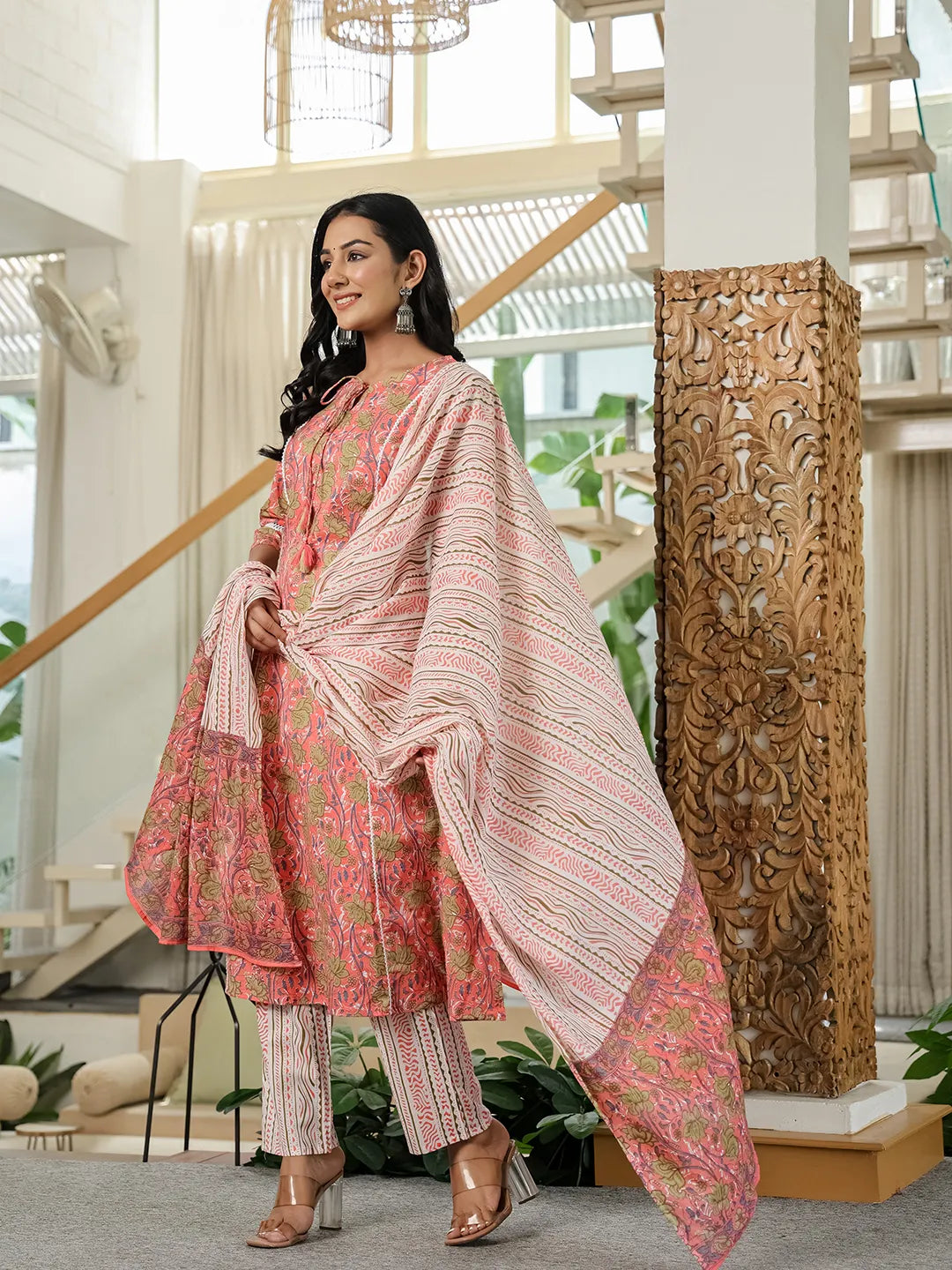 Pink Floral A-Line Kurta Trouser Dupatta Set With Lace Work