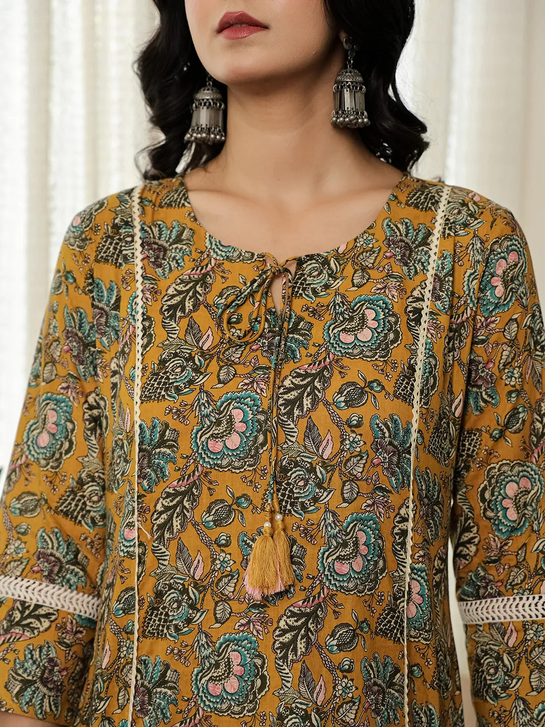 Mustard Yellow Floral A-Line Kurta Trouser Dupatta Set With Lace Work