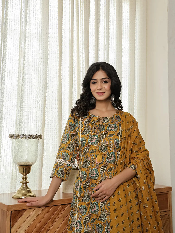 Mustard Yellow Floral A-Line Kurta Trouser Dupatta Set With Lace Work