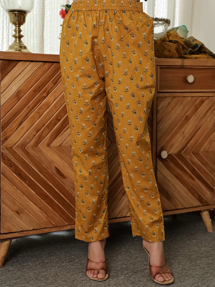 Mustard Yellow Floral A-Line Kurta Trouser Dupatta Set With Lace Work