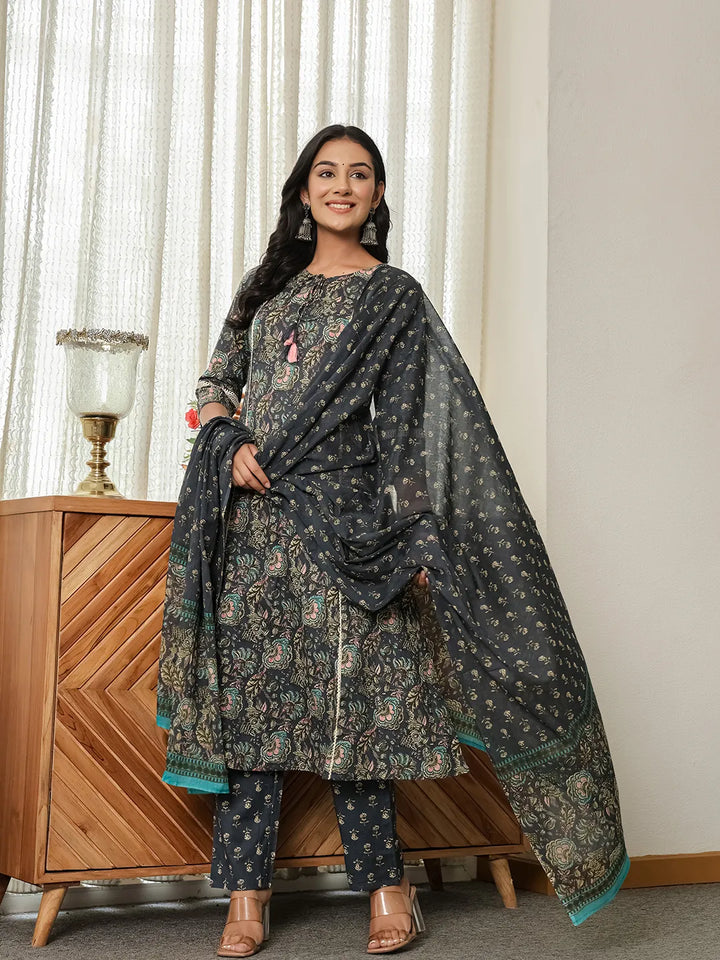 Navy Blue Floral A-Line Kurta Trouser Dupatta Set With Lace Work