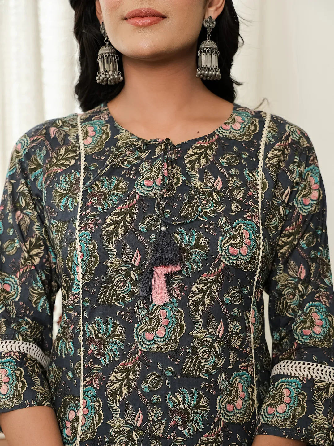 Navy Blue Floral A-Line Kurta Trouser Dupatta Set With Lace Work