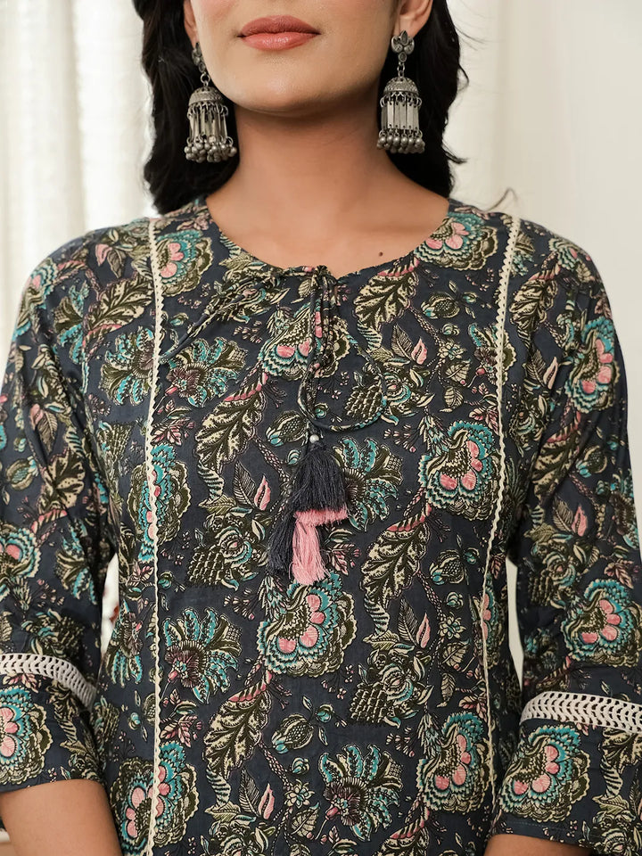 Navy Blue Floral A-Line Kurta Trouser Dupatta Set With Lace Work