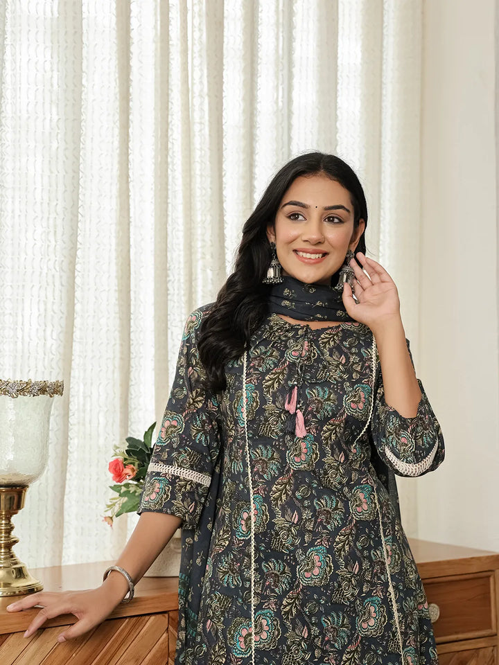 Navy Blue Floral A-Line Kurta Trouser Dupatta Set With Lace Work