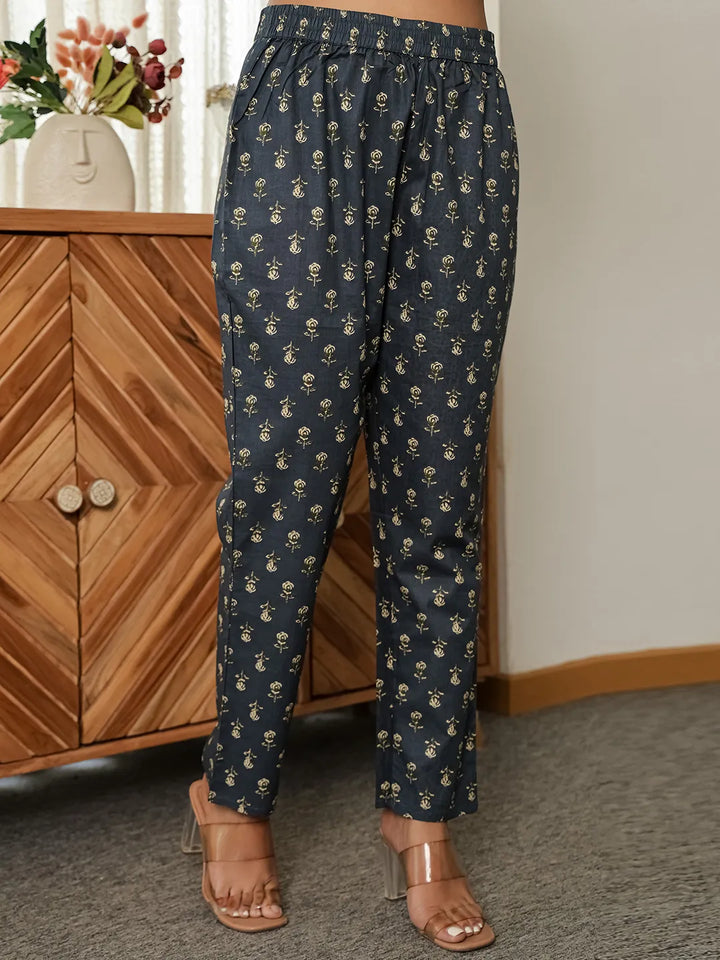 Navy Blue Floral A-Line Kurta Trouser Dupatta Set With Lace Work