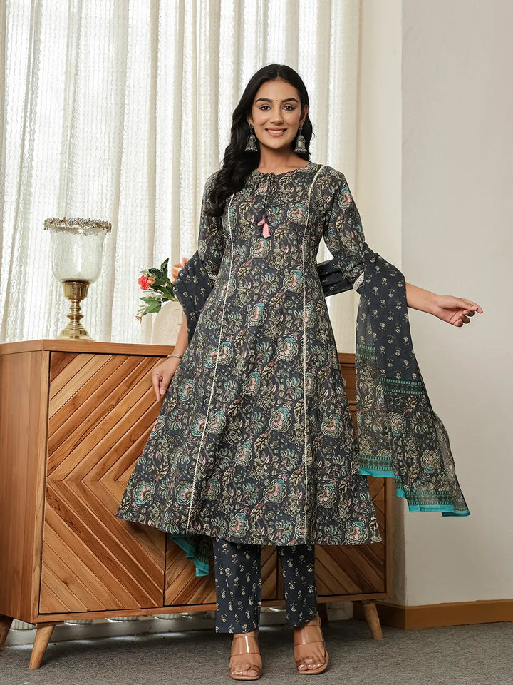 Navy Blue Floral A-Line Kurta Trouser Dupatta Set With Lace Work