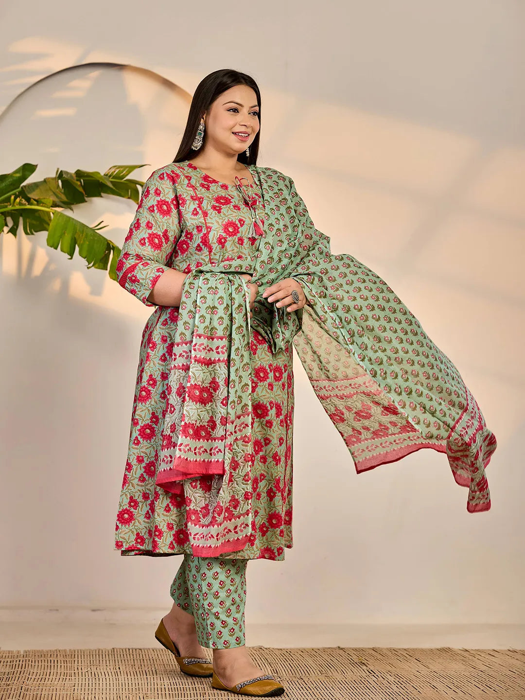 Sea Green Cotton A-Line Plus Size Kurta Dupatta Set