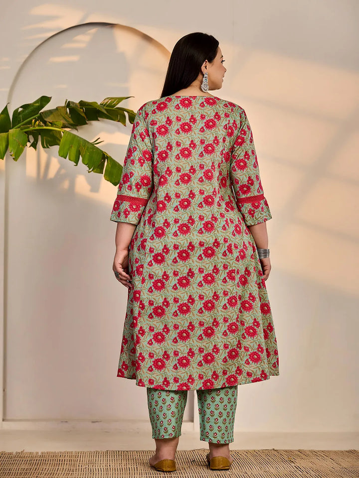 Sea Green Cotton A-Line Plus Size Kurta Dupatta Set