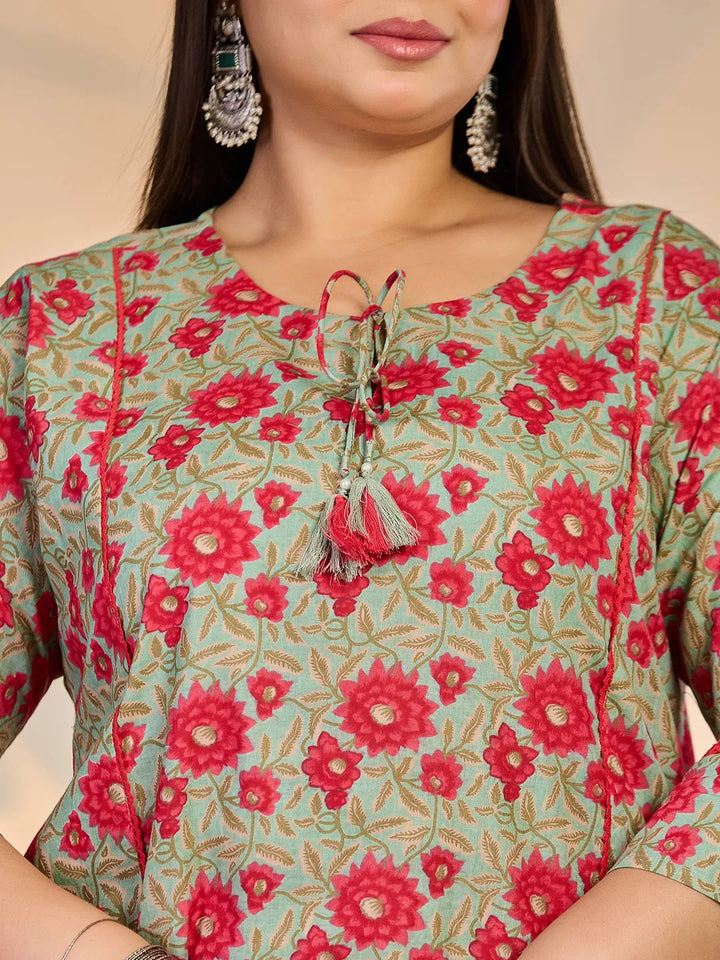 Sea Green Cotton A-Line Plus Size Kurta Dupatta Set