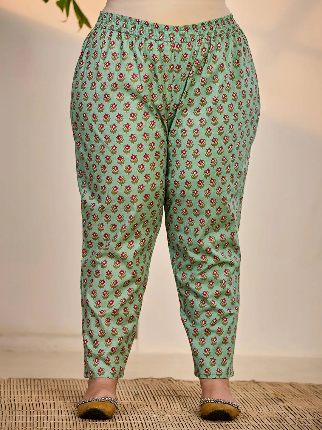 Sea Green Cotton A-Line Plus Size Kurta Dupatta Set