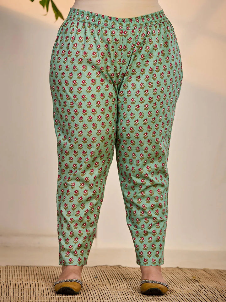 Sea Green Cotton A-Line Plus Size Kurta Dupatta Set