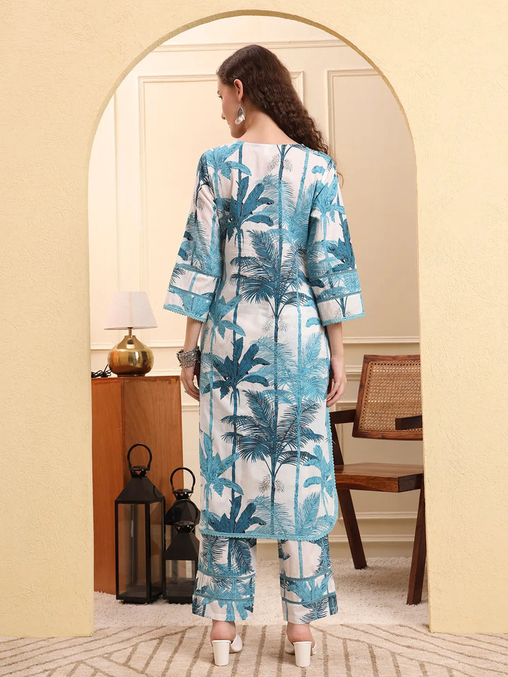 Blue Textured Print Straight Kurta Trouser Set Kurta