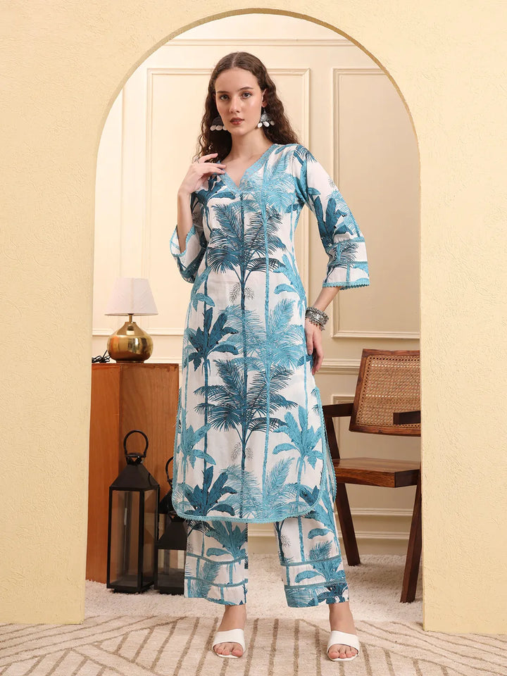 Blue Textured Print Straight Kurta Trouser Set Kurta