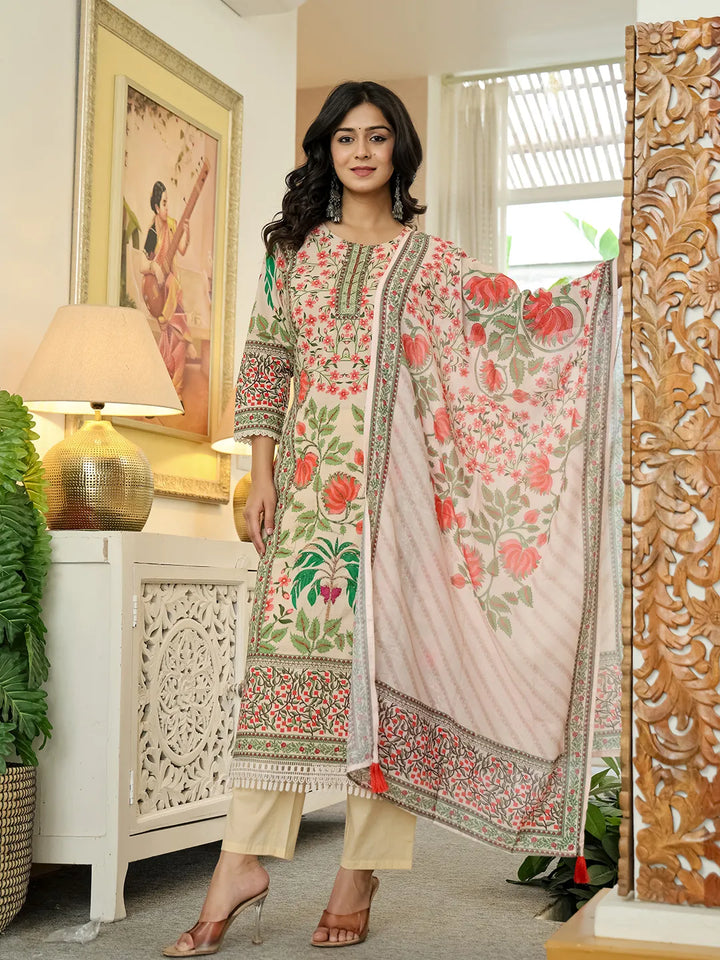 Pink Cotton Straight Floral Print Beads And Stones Lace Work Kurta Dupatta Set