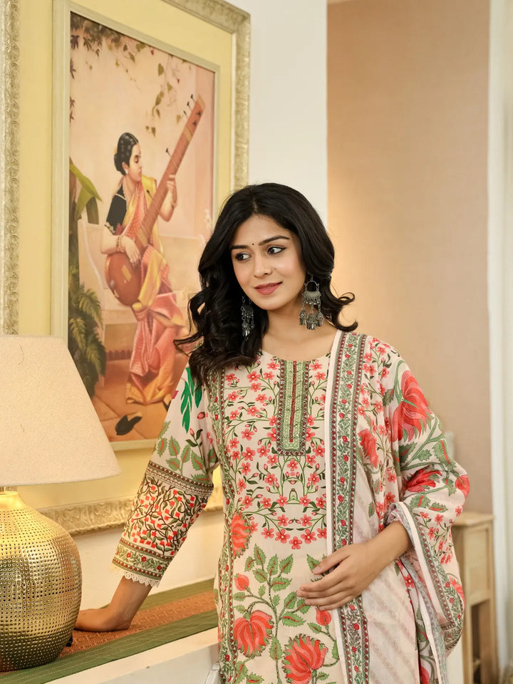 Pink Cotton Straight Floral Print Beads And Stones Lace Work Kurta Dupatta Set