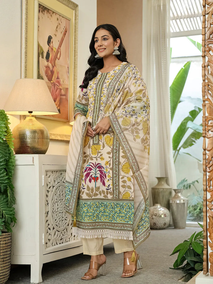 Yellow Cotton Straight Floral Print Beads And Stones Lace Work Kurta Dupatta Set