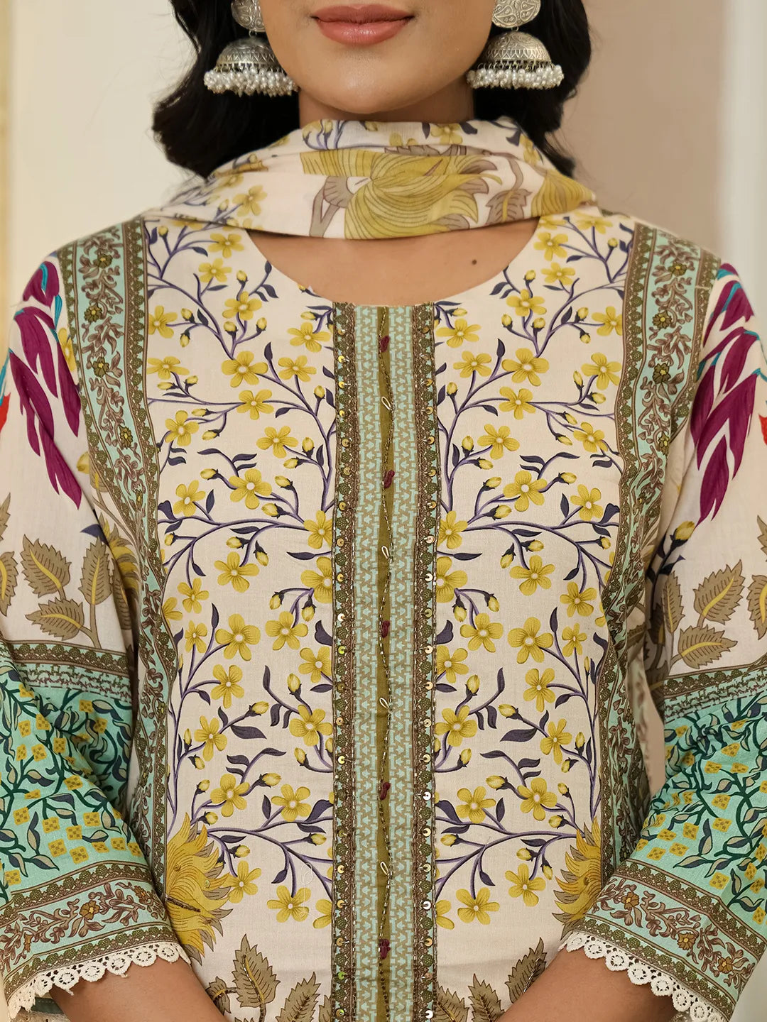 Yellow Cotton Straight Floral Print Beads And Stones Lace Work Kurta Dupatta Set