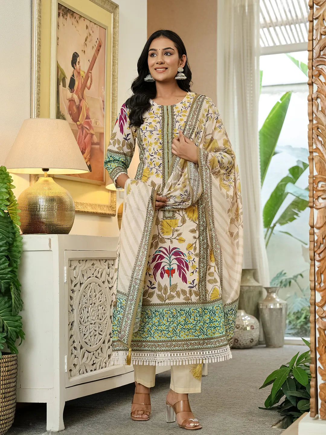 Yellow Cotton Straight Floral Print Beads And Stones Lace Work Kurta Dupatta Set