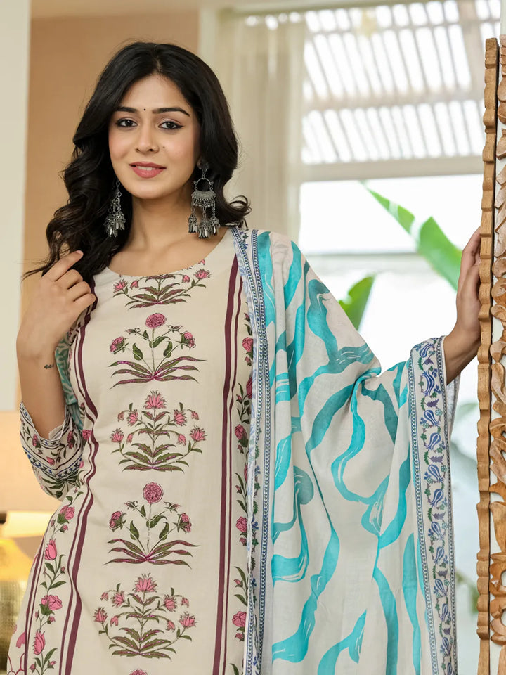 Blue Cotton Straight Floral Print Beads And Stones Lace Work Kurta Dupatta Set