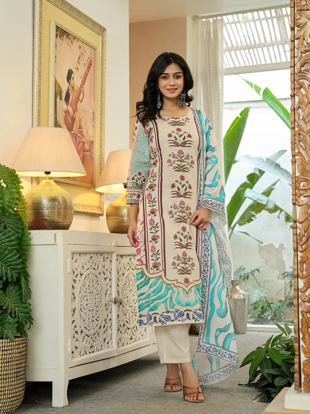 Blue Cotton Straight Floral Print Beads And Stones Lace Work Kurta Dupatta Set