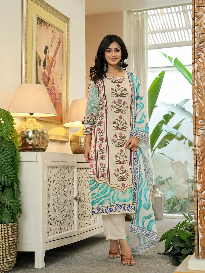 Blue Cotton Straight Floral Print Beads And Stones Lace Work Kurta Dupatta Set