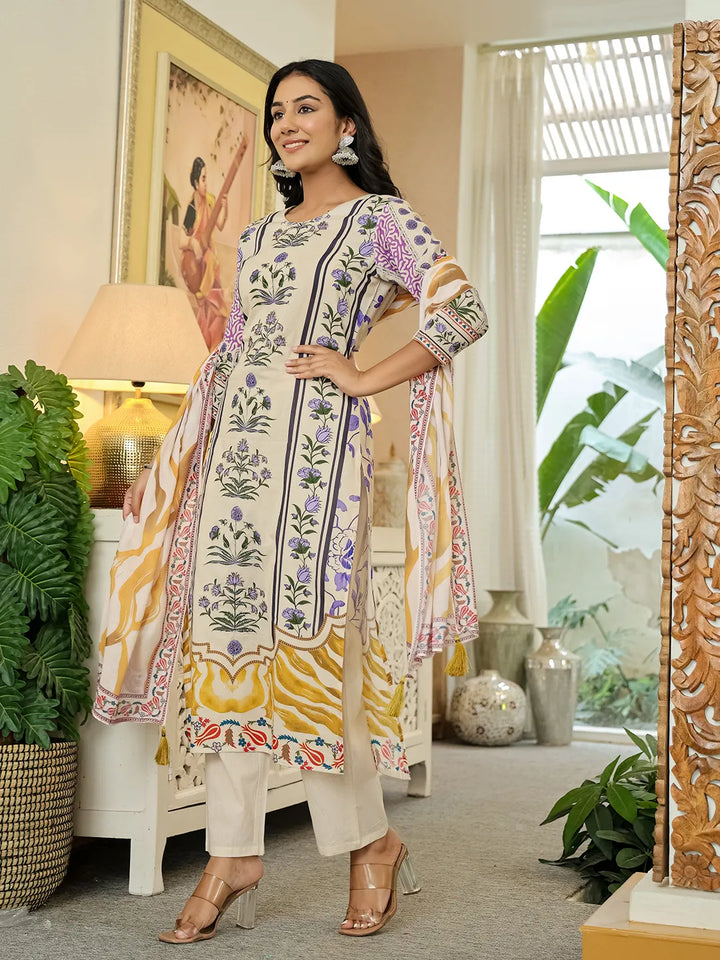 Yellow Cotton Straight Floral Print Beads And Stones Kurta Dupatta Set