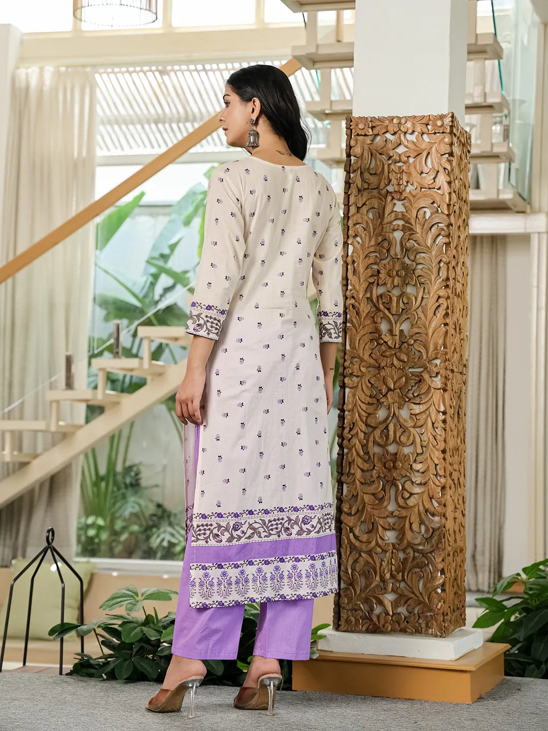 Purple And Off White Cotton Straight Beads And Stones Kurta Dupatta Set