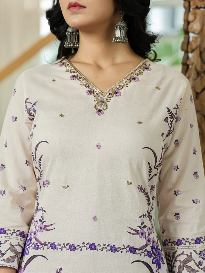 Purple And Off White Cotton Straight Beads And Stones Kurta Dupatta Set