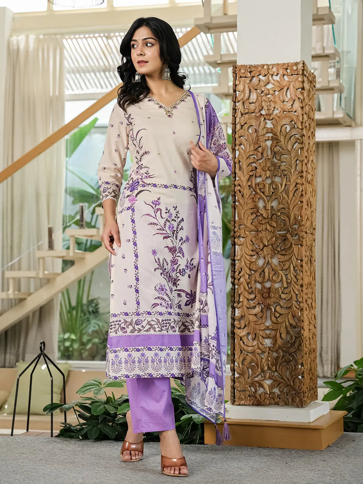 Purple And Off White Cotton Straight Beads And Stones Kurta Dupatta Set