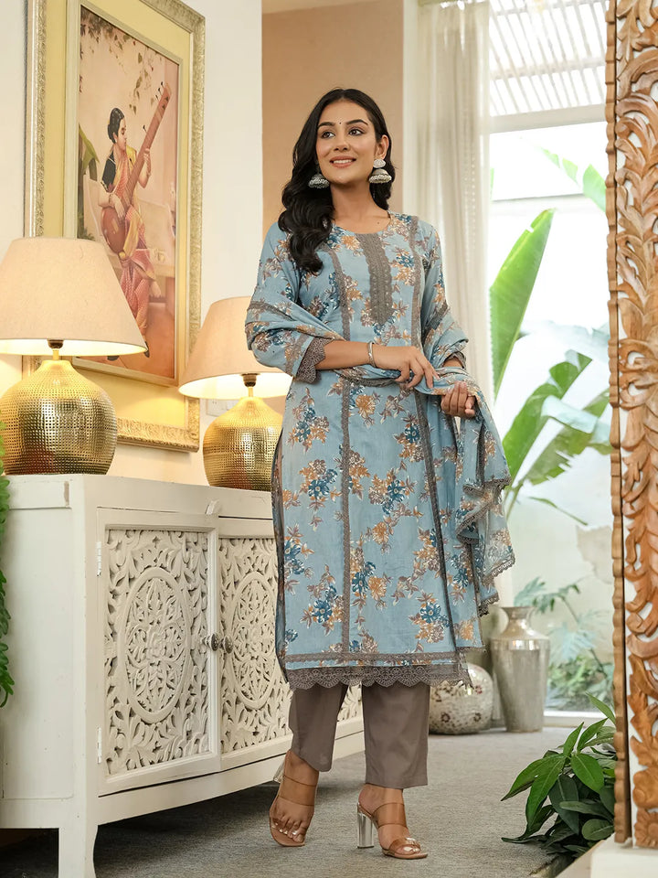 Blue Cotton Straight Lace Work Kurta Dupatta Set
