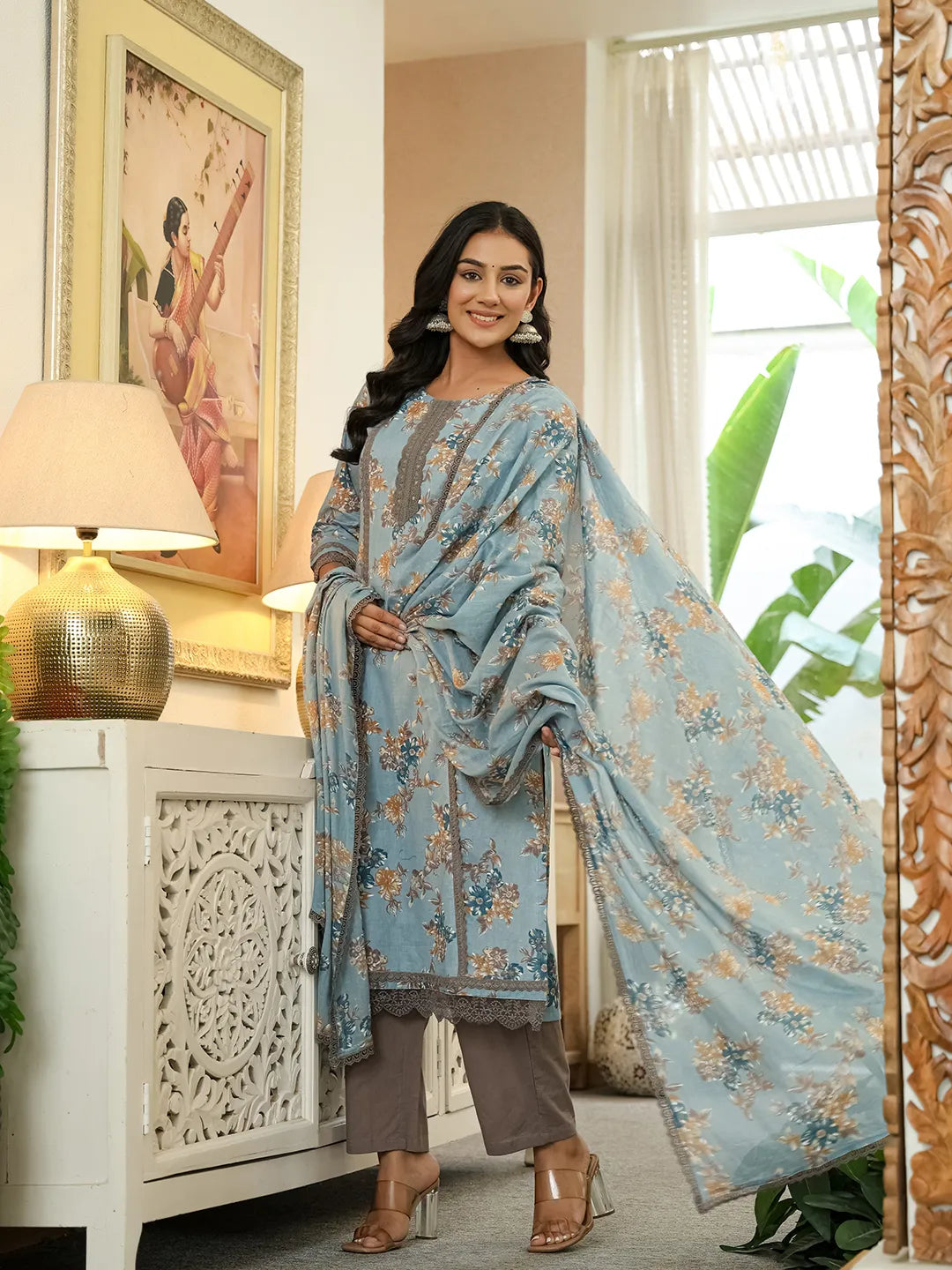 Blue Cotton Straight Lace Work Kurta Dupatta Set