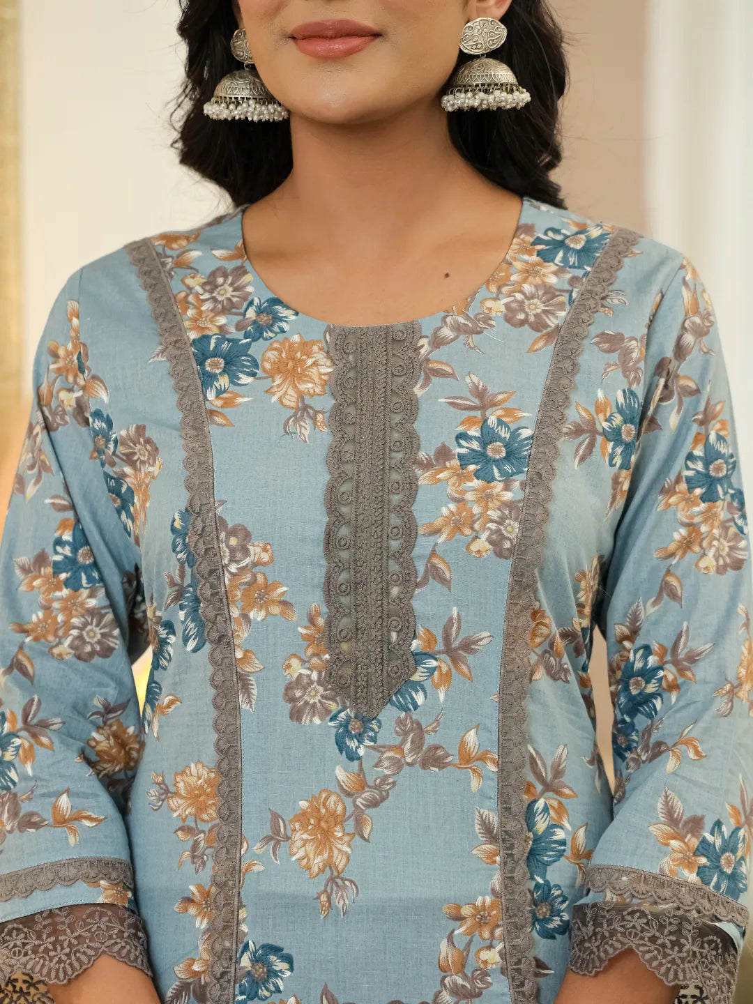 Blue Cotton Straight Lace Work Kurta Dupatta Set