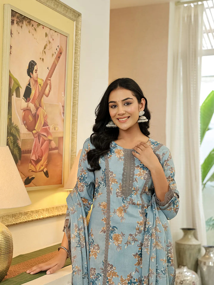 Blue Cotton Straight Lace Work Kurta Dupatta Set