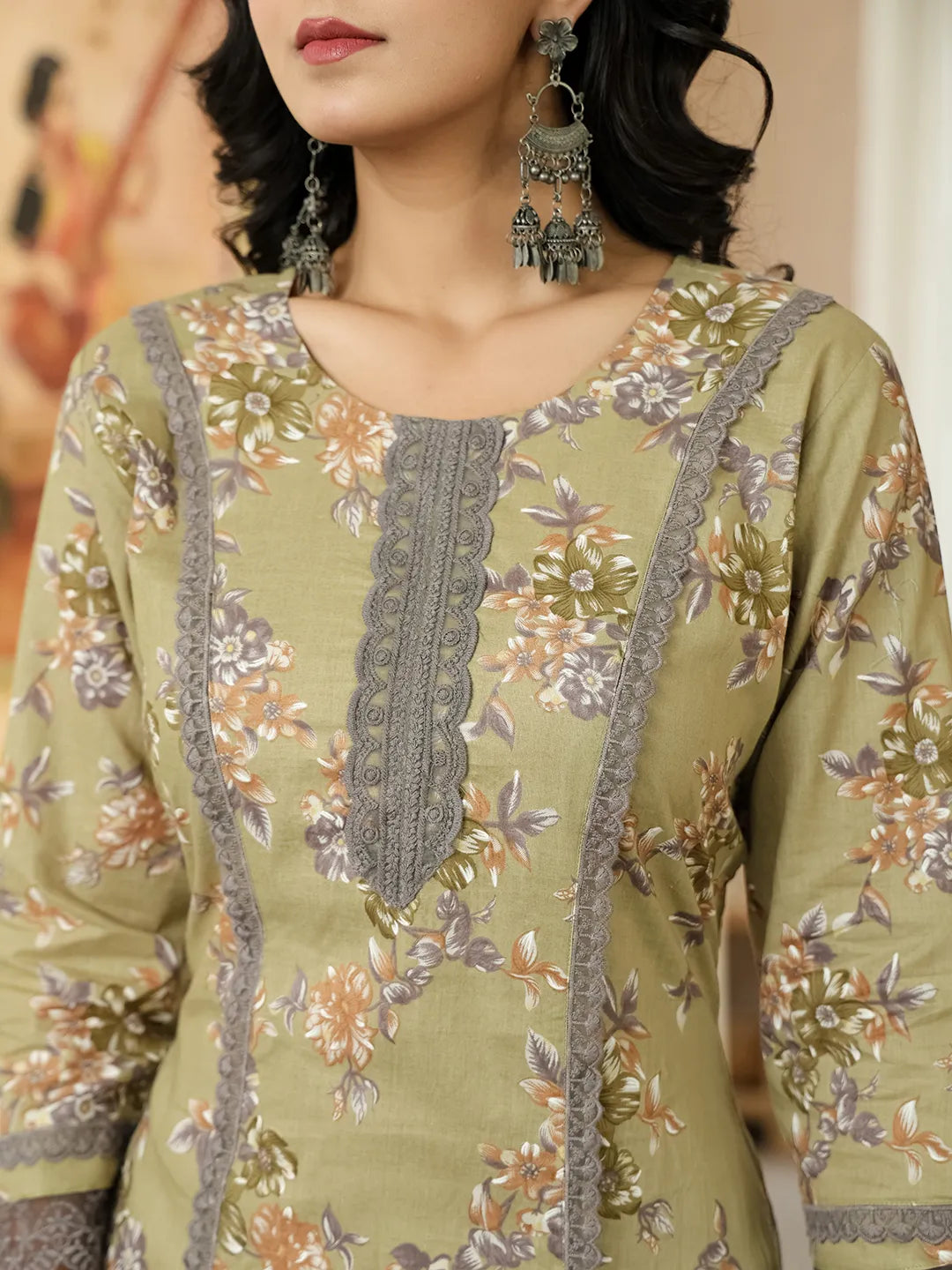 Olive Green Cotton Straight Lace Work Kurta Dupatta Set