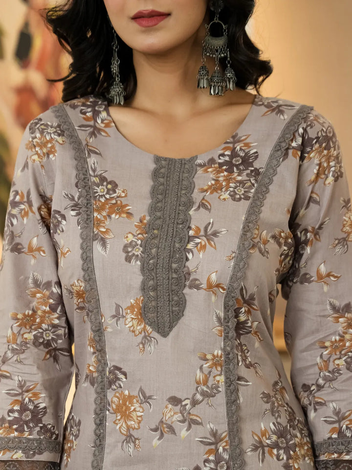 Grey Cotton Straight Lace Work Kurta Dupatta Set