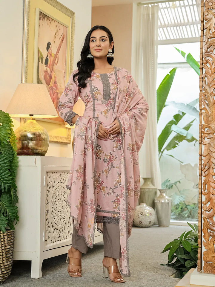 Pink Cotton Straight Lace Work Kurta Dupatta Set