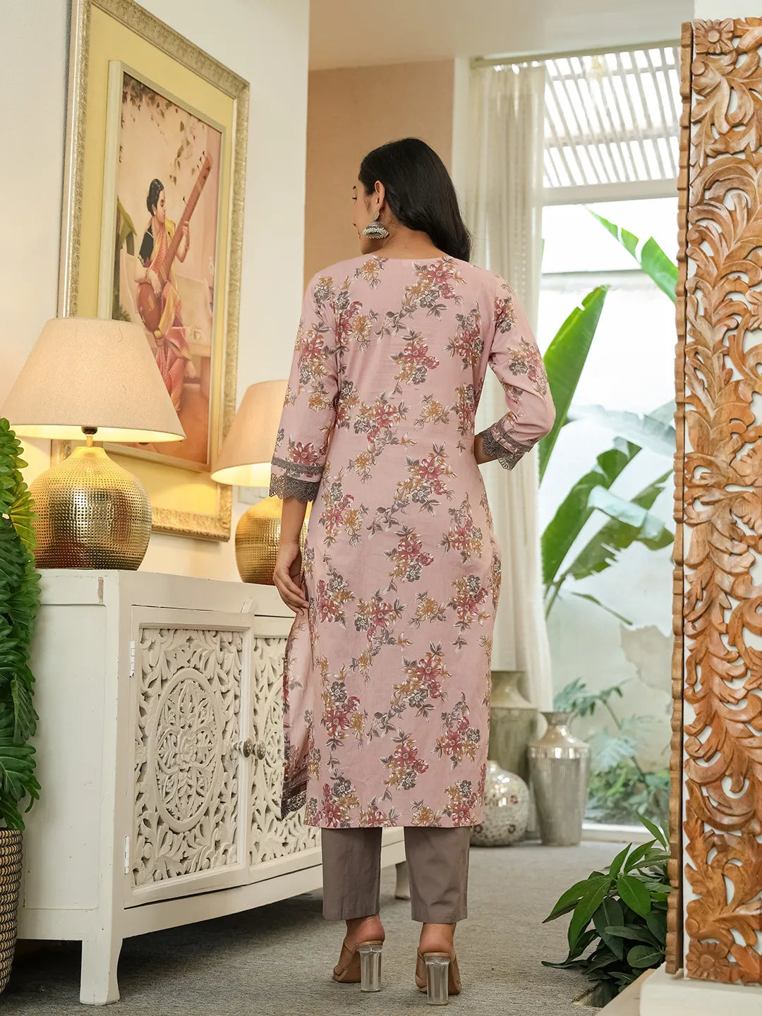 Pink Cotton Straight Lace Work Kurta Dupatta Set