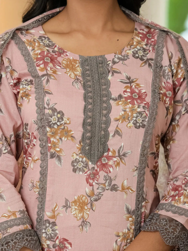 Pink Cotton Straight Lace Work Kurta Dupatta Set