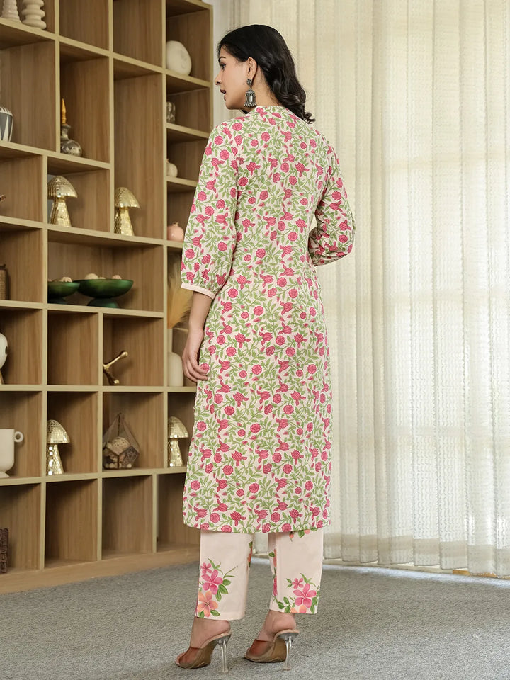 Pink Cotton Straight Floral Sequins-Work Kurta Dupatta Set