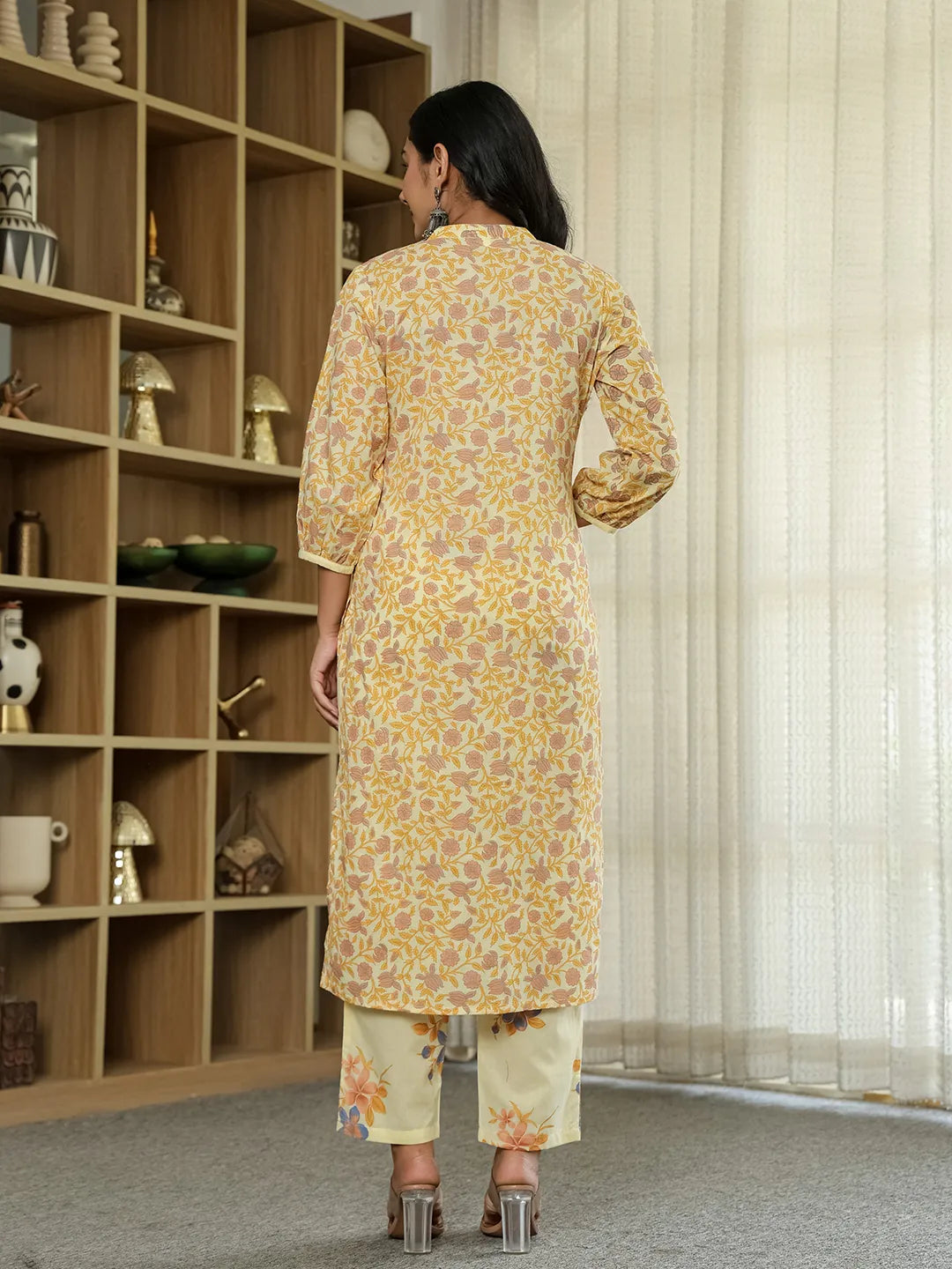 Yellow Cotton Straight Floral Sequins-Work Kurta Dupatta Set