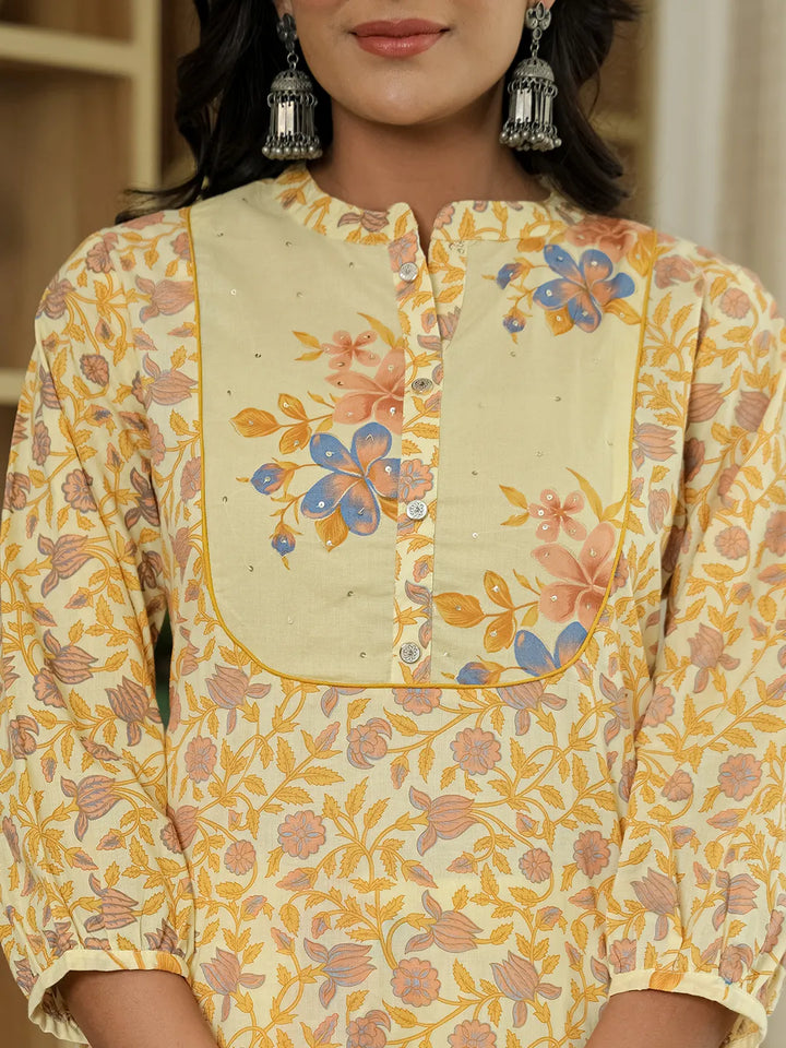 Yellow Cotton Straight Floral Sequins-Work Kurta Dupatta Set