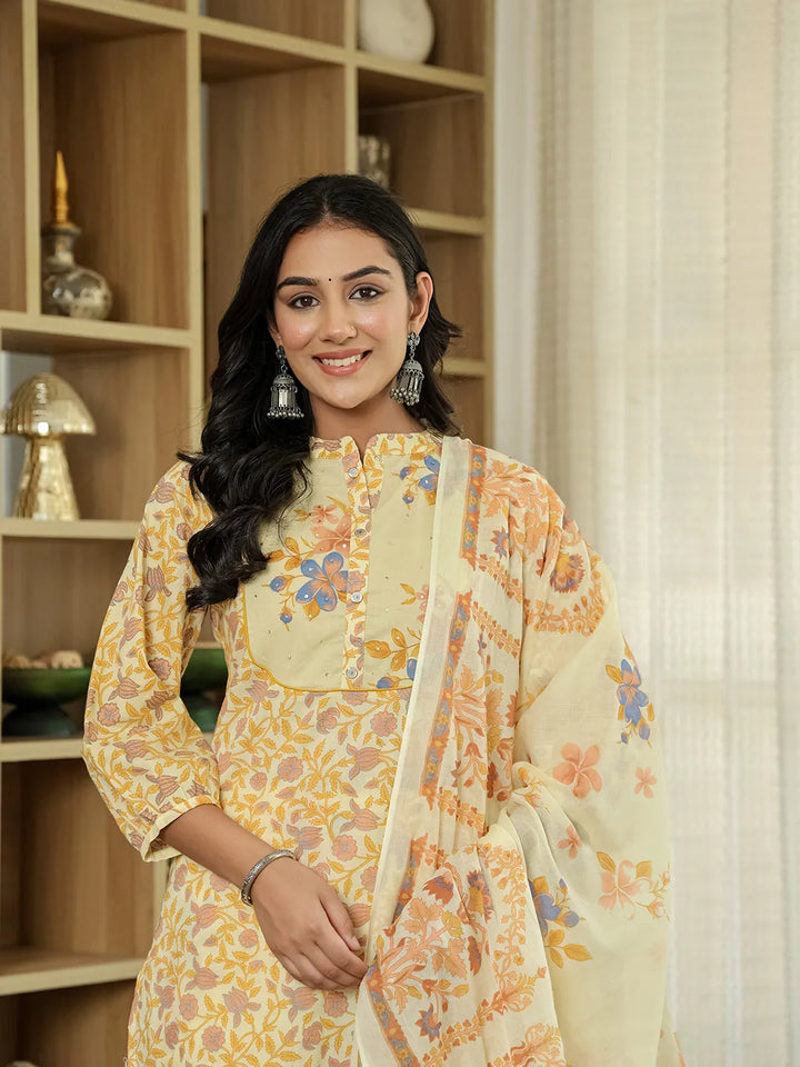 Yellow Cotton Straight Floral Sequins-Work Kurta Dupatta Set