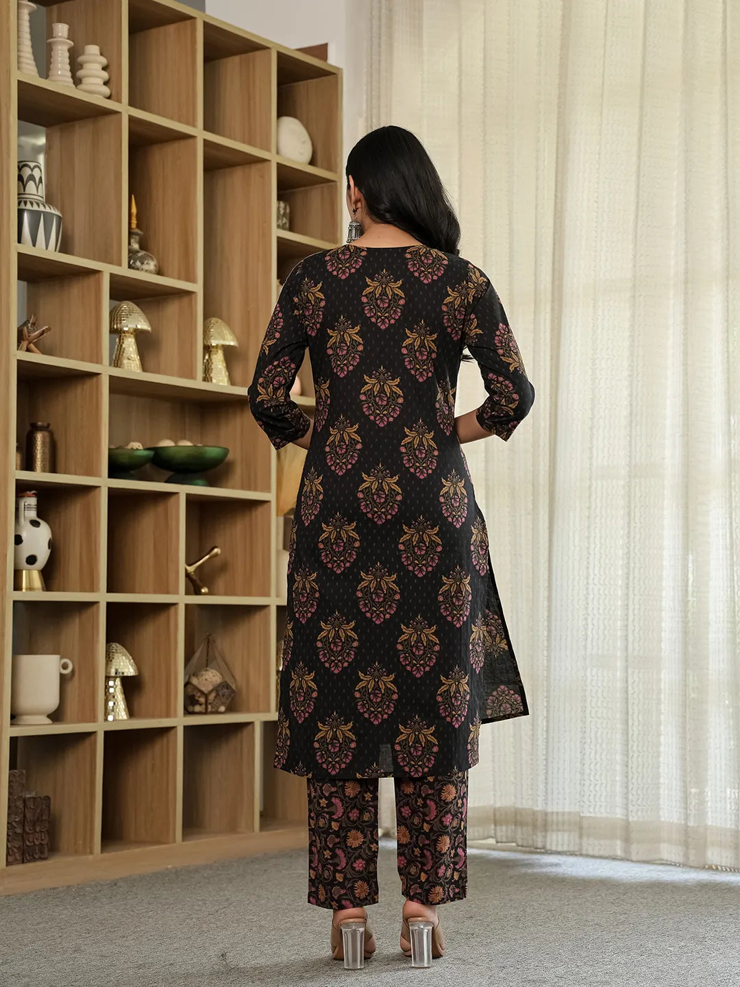 Black Pure Cotton Ethnic Motifs Kantha Work Kurta Dupatta Pant Set