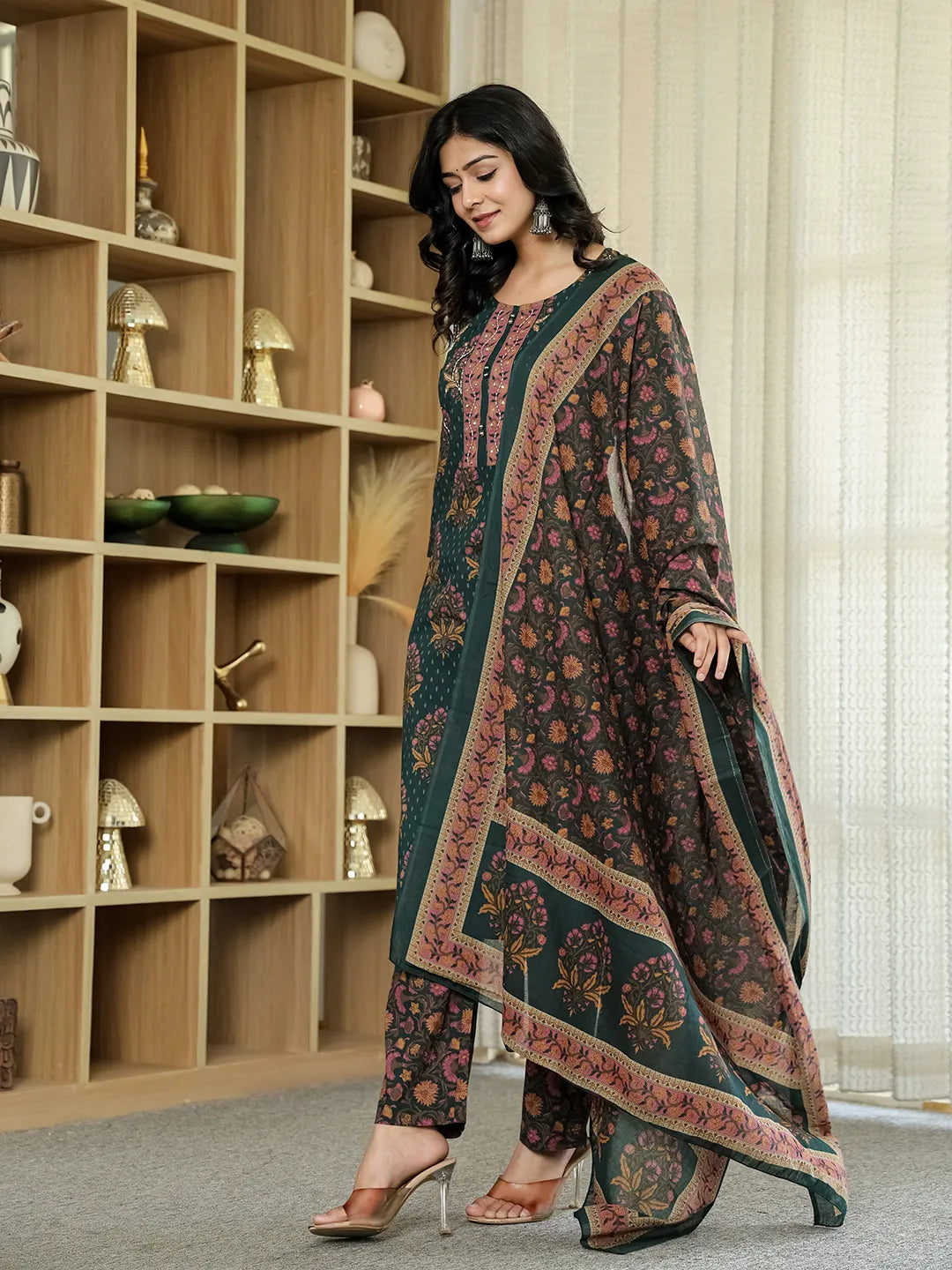 Green Pure Cotton Ethnic Motifs Kantha Work Kurta Dupatta Pant Set