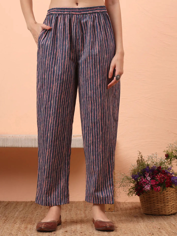 Blue Pure Cotton Mirror Work Kurta Dupatta Pant Set