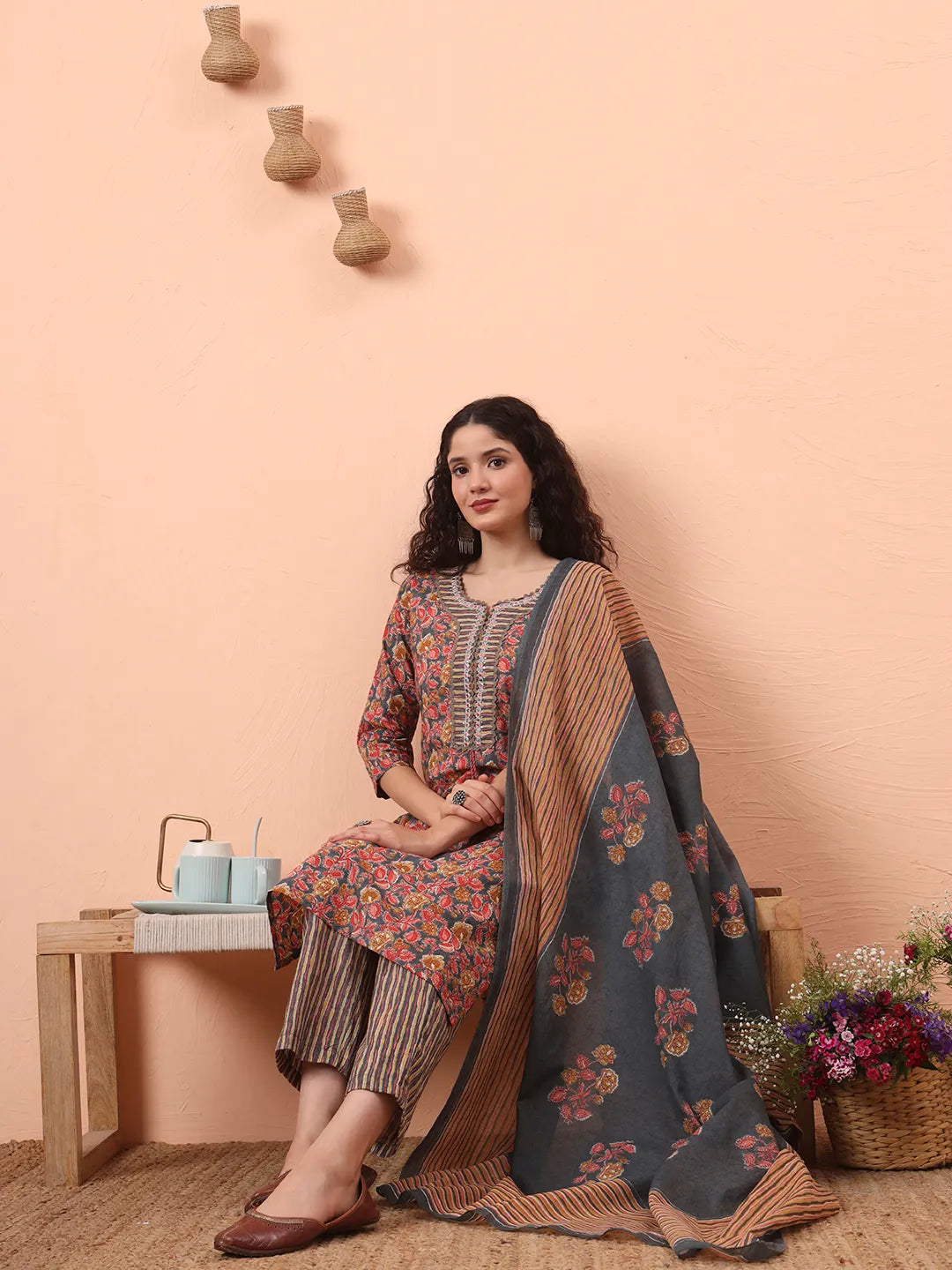 Grey Pure Cotton Mirror Work Kurta Dupatta Pant Set