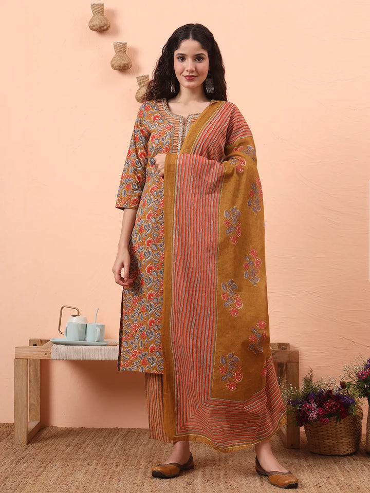 Mustard Pure Cotton Mirror Work Kurta Dupatta Pant Set