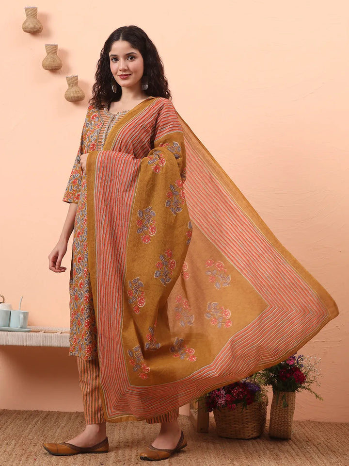 Mustard Pure Cotton Mirror Work Kurta Dupatta Pant Set